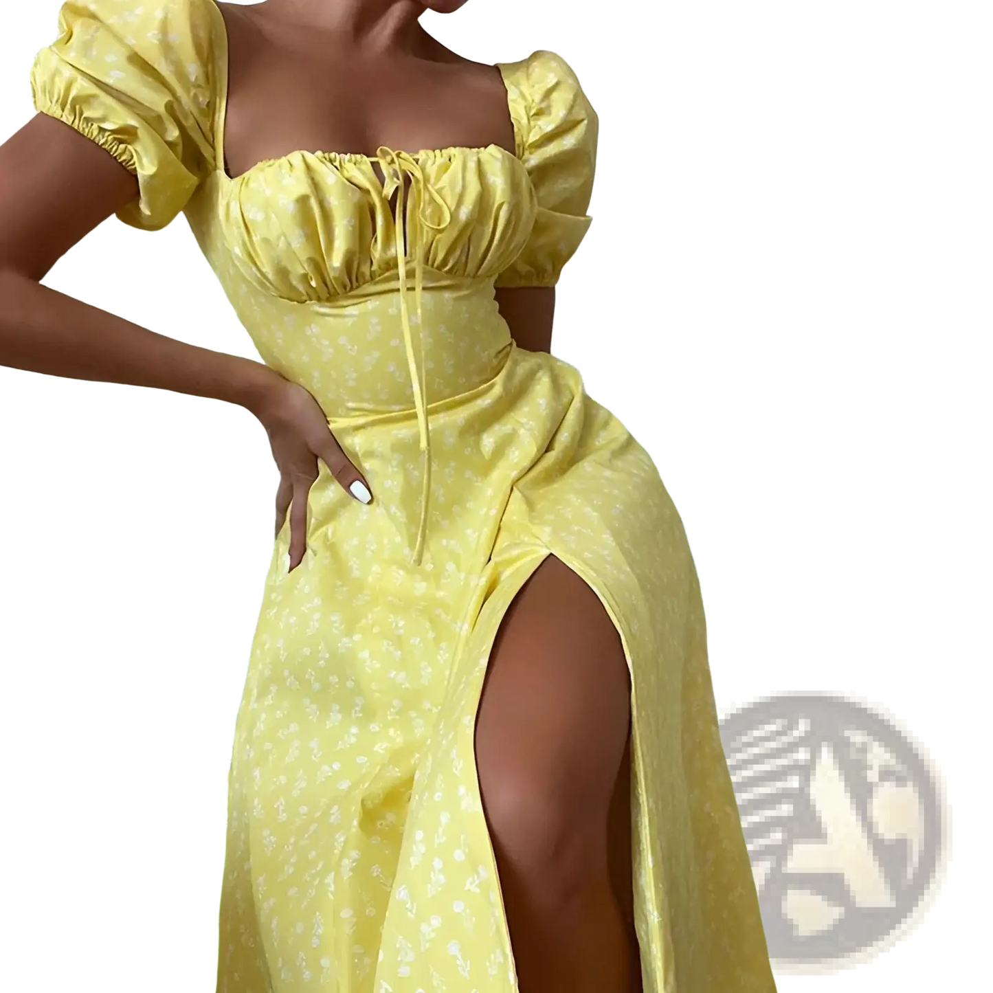 Floral Square Neck Puff Sleeve Midi Slit Dress