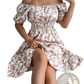 Floral Square Neck Puff Sleeve Ruffle Summer Dress