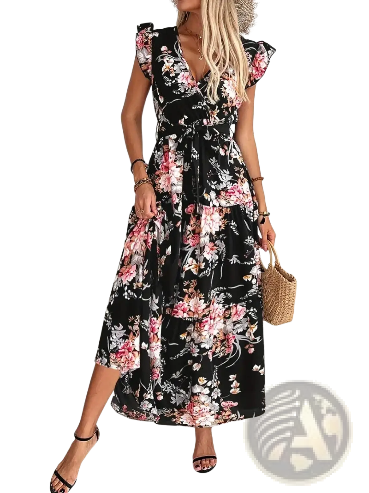 Floral v Neck Ruffled Maxi Dress with Belted Waist