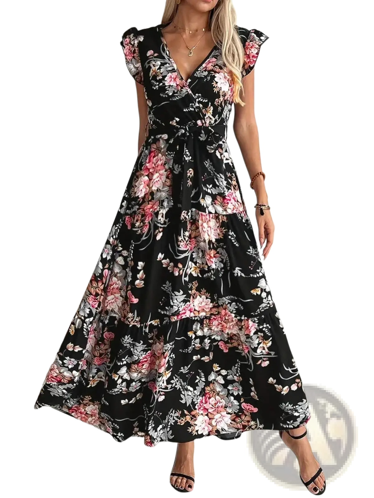 Floral v Neck Ruffled Maxi Dress with Belted Waist
