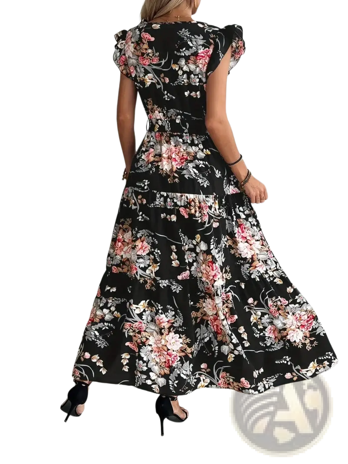 Floral v Neck Ruffled Maxi Dress with Belted Waist