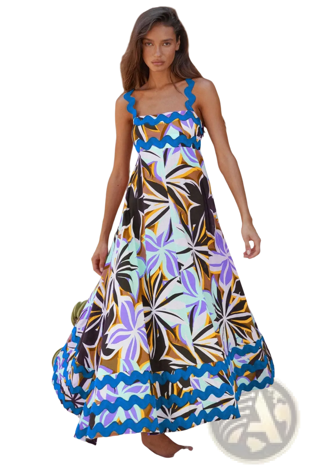 Floral Wavy Trim A-line Beach Maxi Dress
