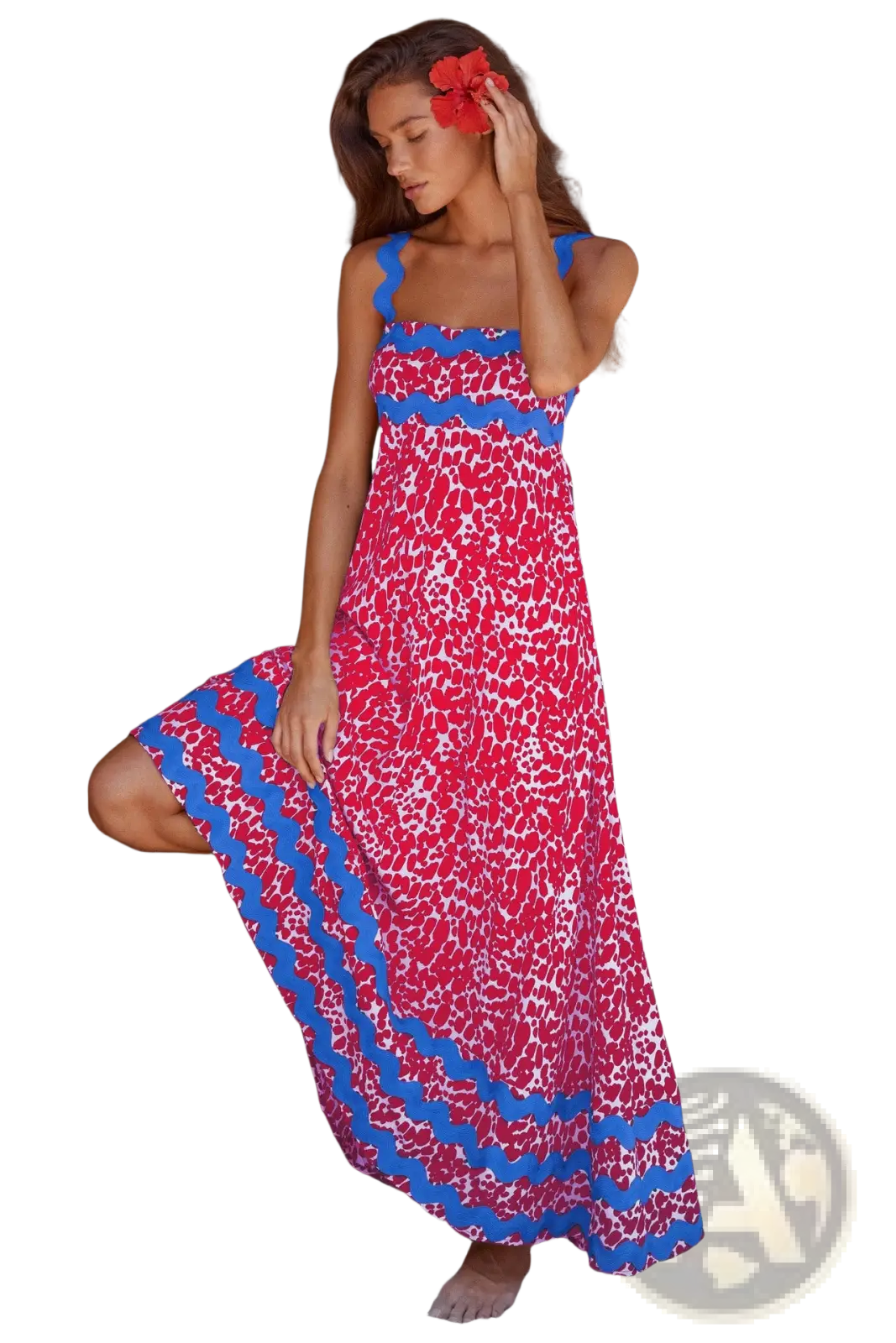 Floral Wavy Trim A-line Beach Maxi Dress