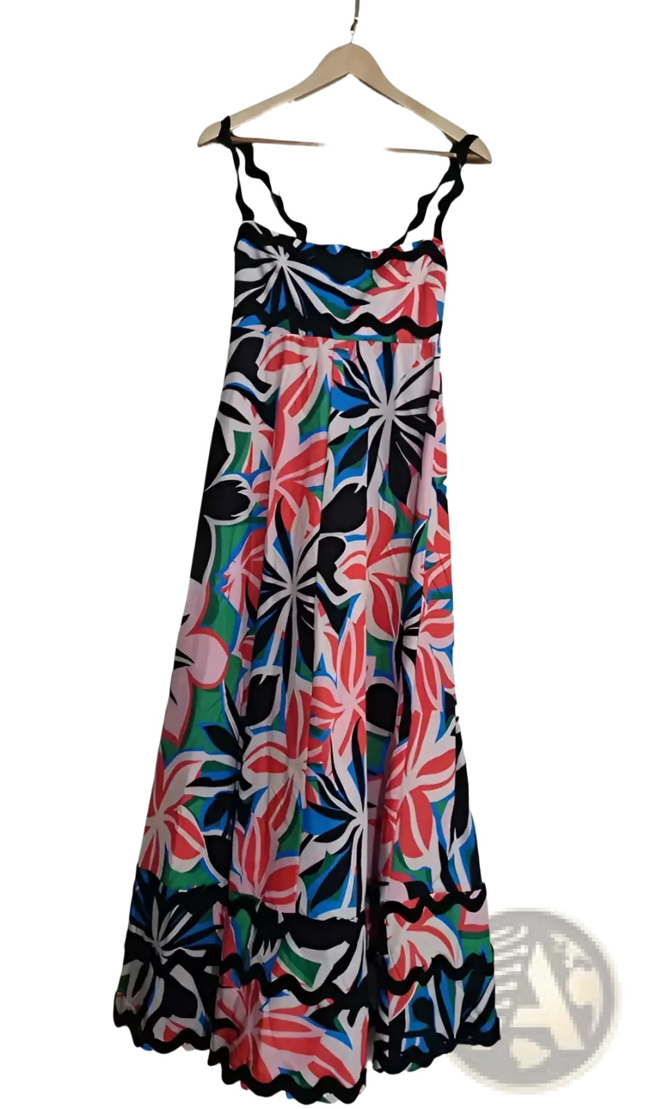 Floral Wavy Trim A-line Beach Maxi Dress