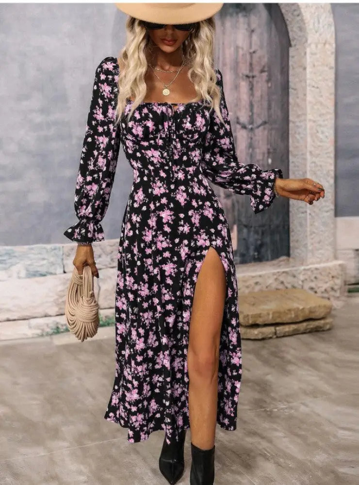 Floral Square Neck Slit Maxi Dress with Long Sleeves