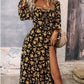 Floral Square Neck Slit Maxi Dress with Long Sleeves