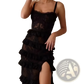 French Tiered Lace Ruffle Dress with High Slit