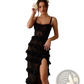 French Tiered Lace Ruffle Dress with High Slit
