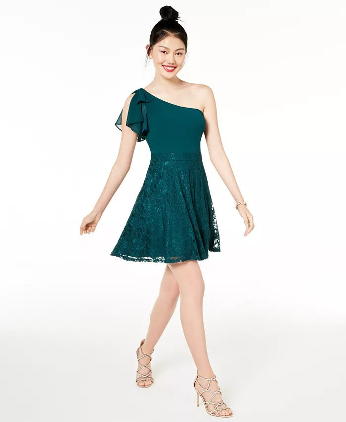 City Studios Juniors' Lace & Chiffon One-Shoulder Dress Green Size 11