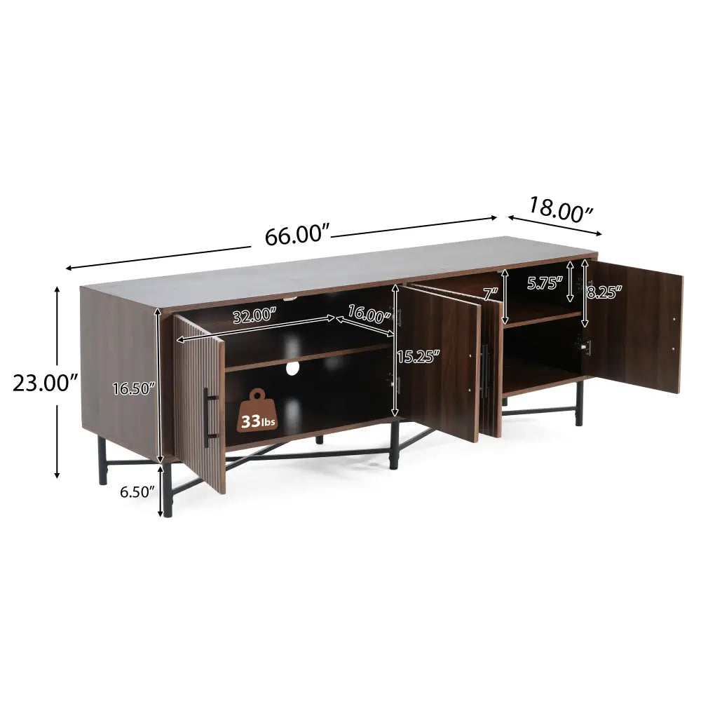 Chestnut 4 Door Tv Cabinet with Vertical Slats and Metal Legs