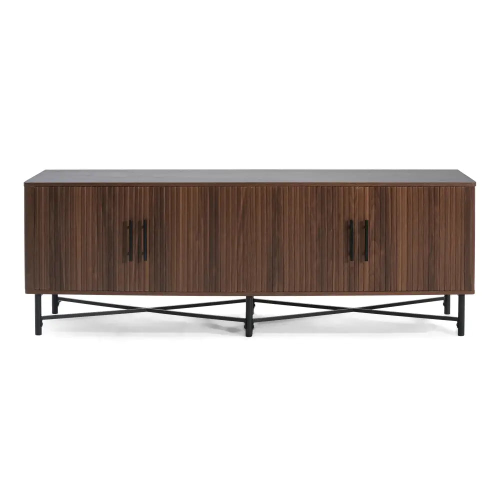 Chestnut 4 Door Tv Cabinet with Vertical Slats and Metal Legs