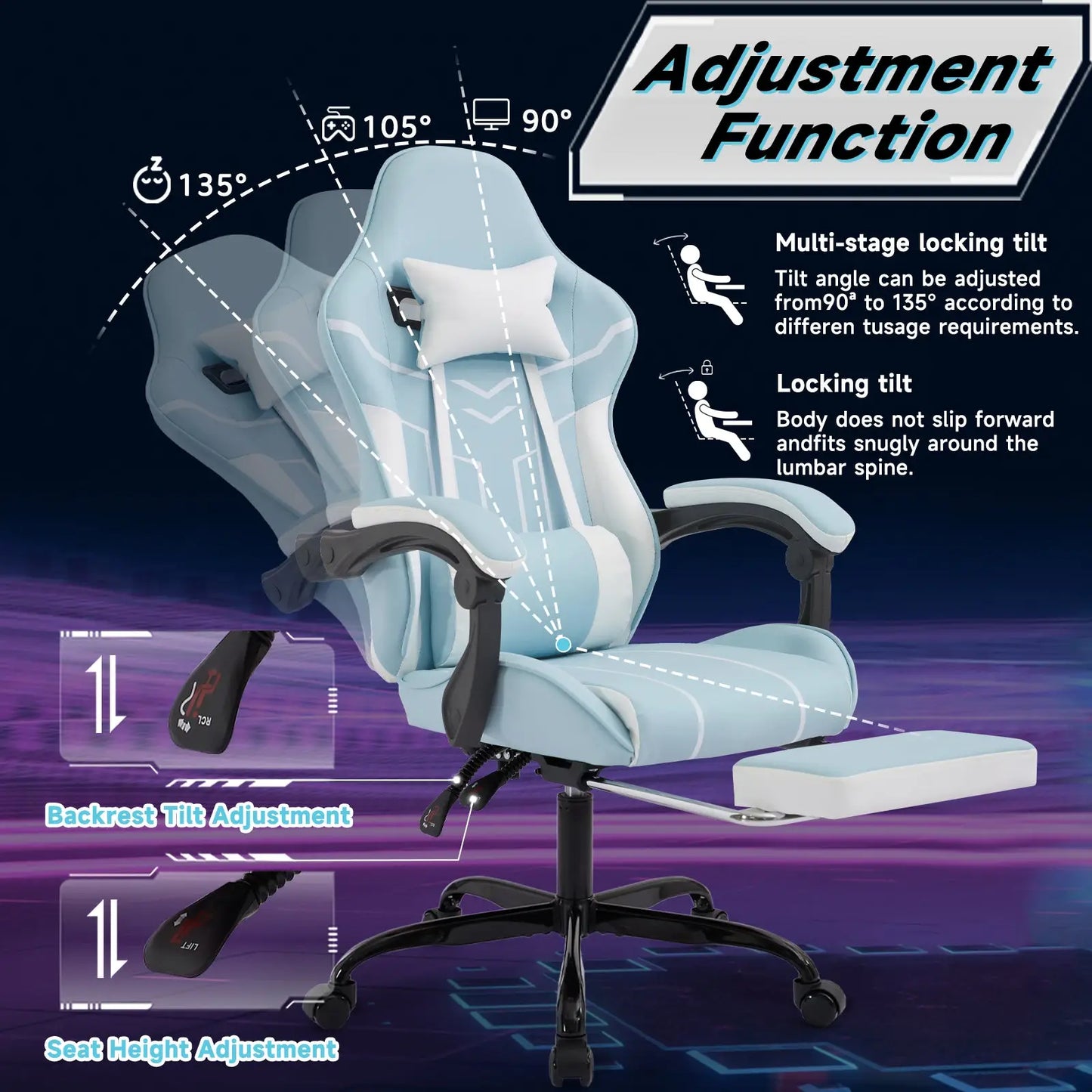 Gaming Chair with Footrest and Massage Lumbar Support