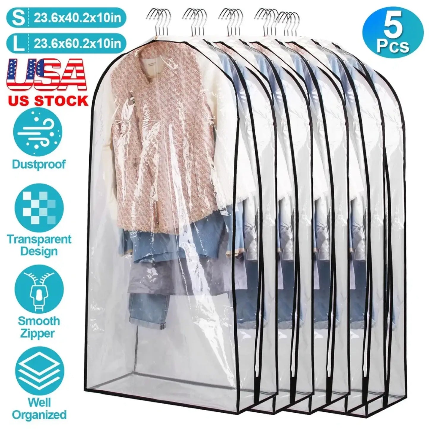 Garment Bag for Hanging Clothes 5 Pack Clear Covers