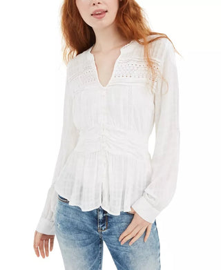 American Rag Juniors'' Textured Lace-Trimmed Peplum Top White Size Small