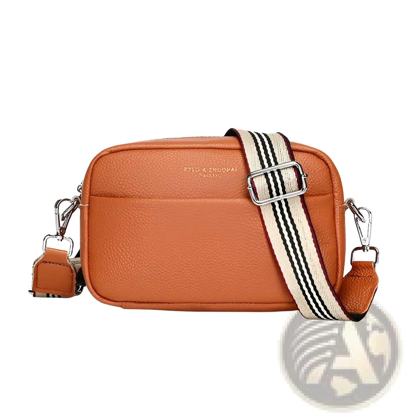 Genuine Leather Crossbody Bag with Geometric Pattern Strap