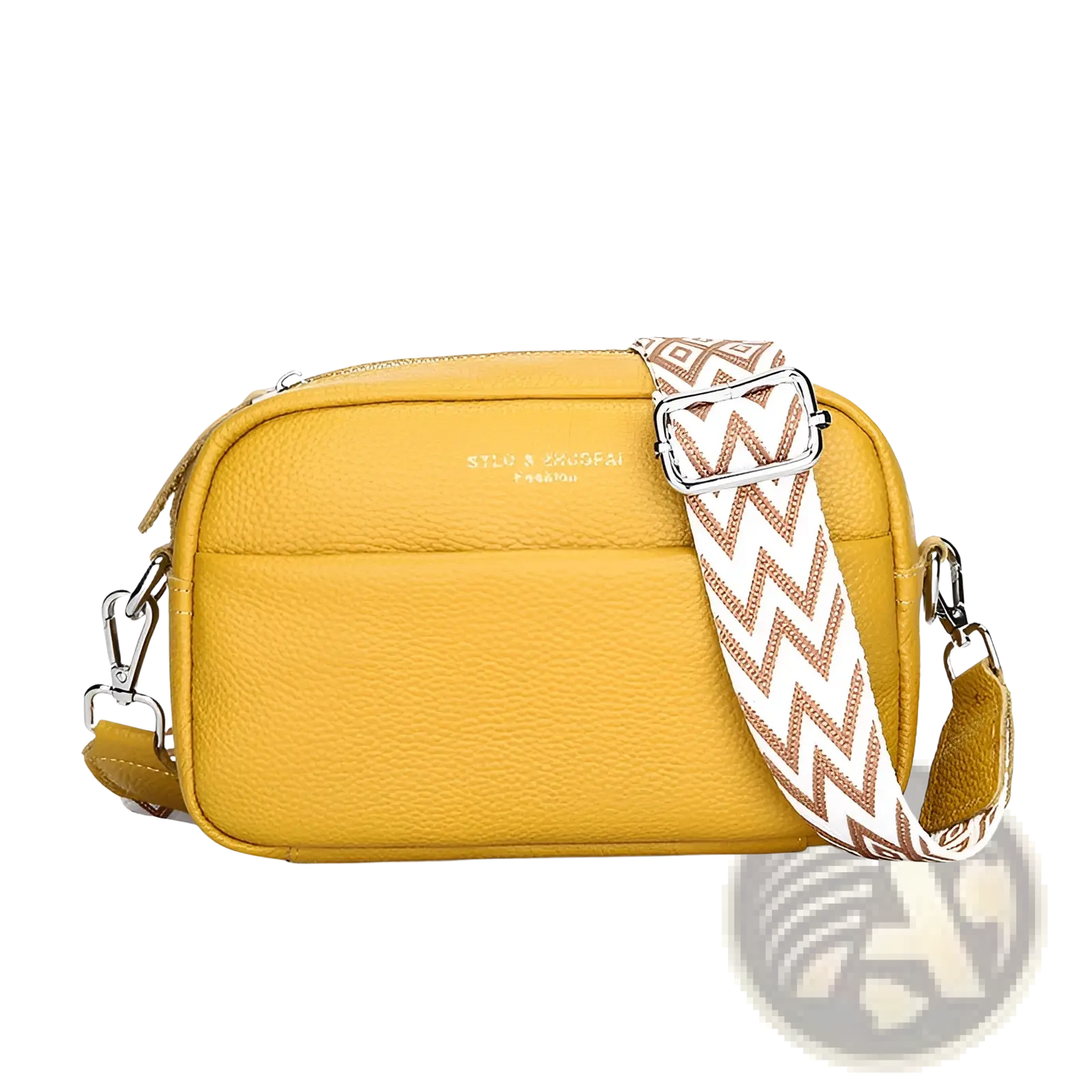 Genuine Leather Crossbody Bag with Geometric Pattern Strap