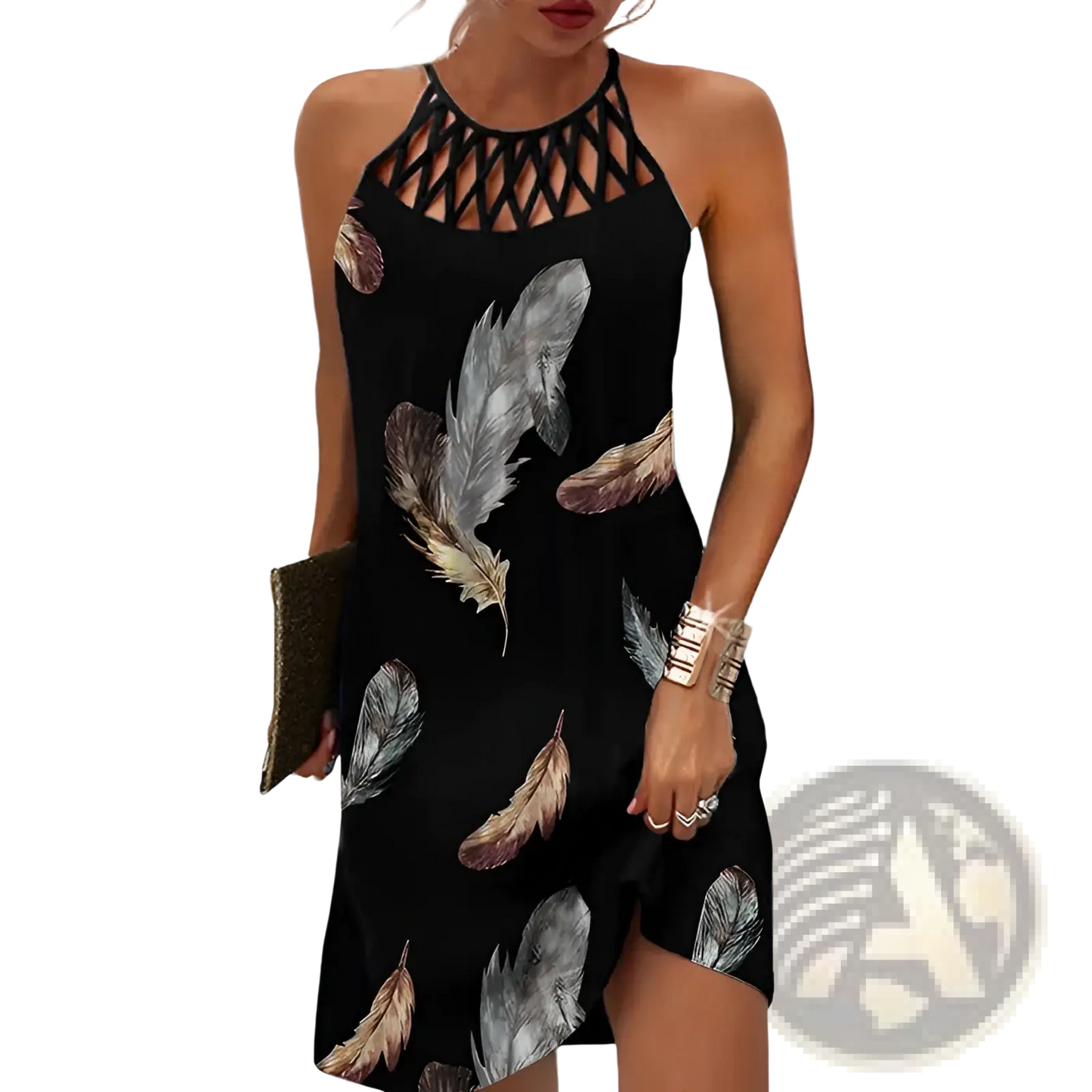 Geometric Print Halterneck Asymmetrical Midi Dress