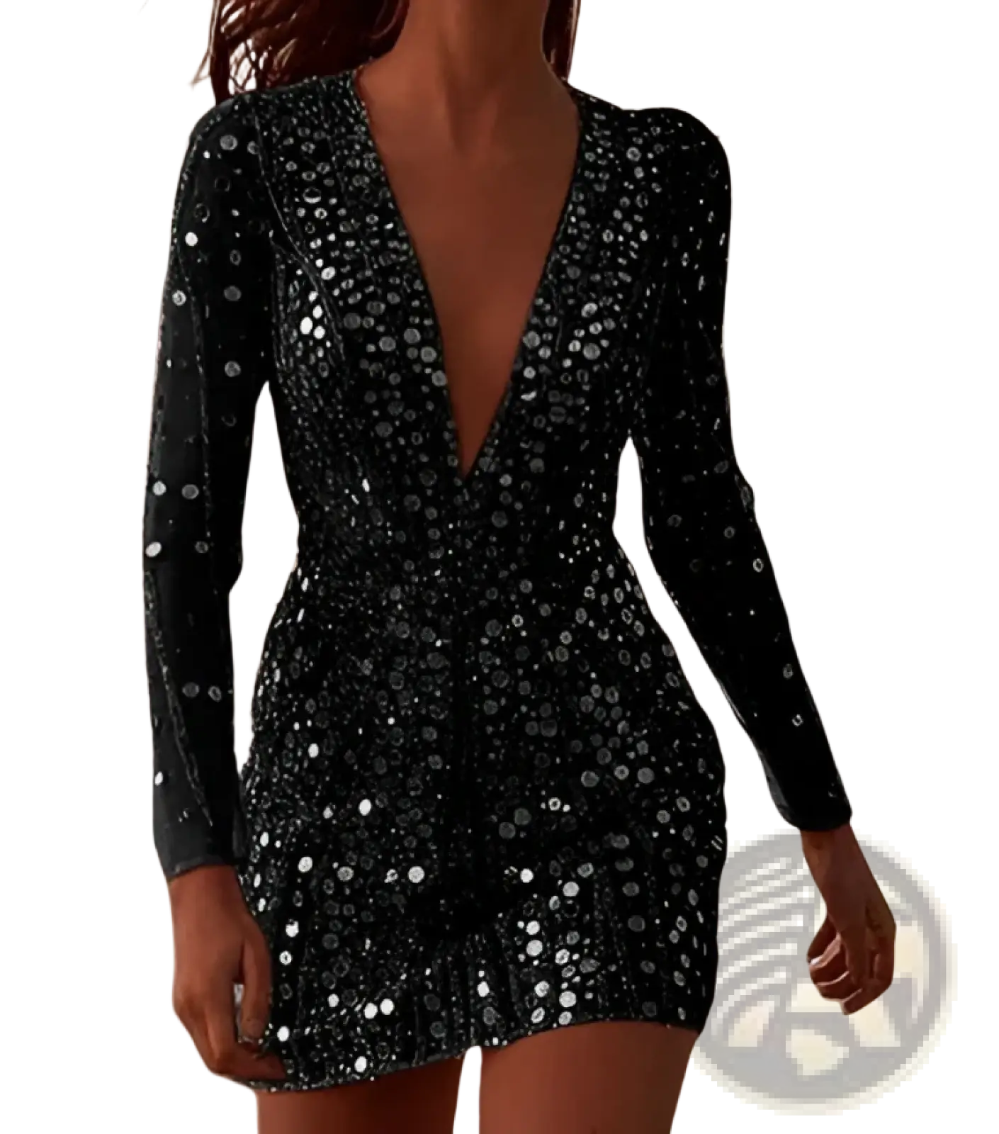 Gold Sequin Deep v Mini Dress with Sheer Long Sleeves