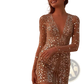Gold Sequin Deep v Mini Dress with Sheer Long Sleeves