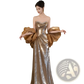 Gold Sequin Evening Gown with Dramatic Satin Puff Sleeves