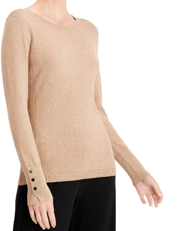 JM Collection Women's Metallic Round Neck Stud Cuff Sweater Tan Size Extra Large