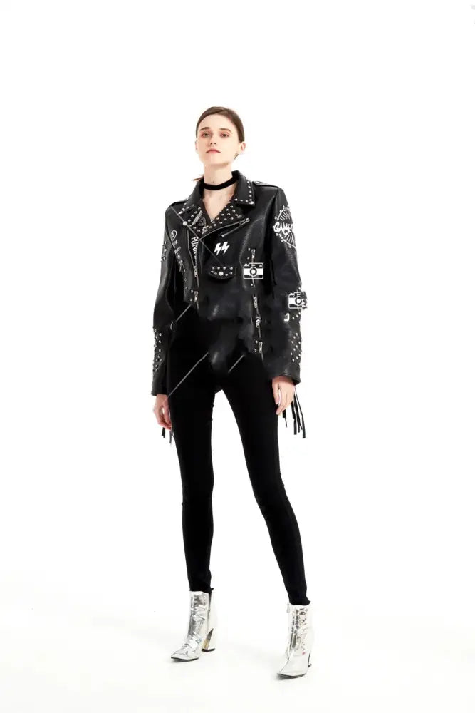 Women's Graffiti Rivet Studded Fringe Leather Jacket
