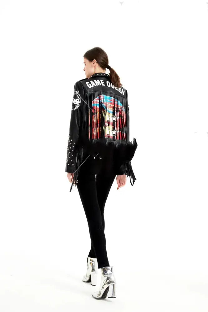 Women's Graffiti Rivet Studded Fringe Leather Jacket
