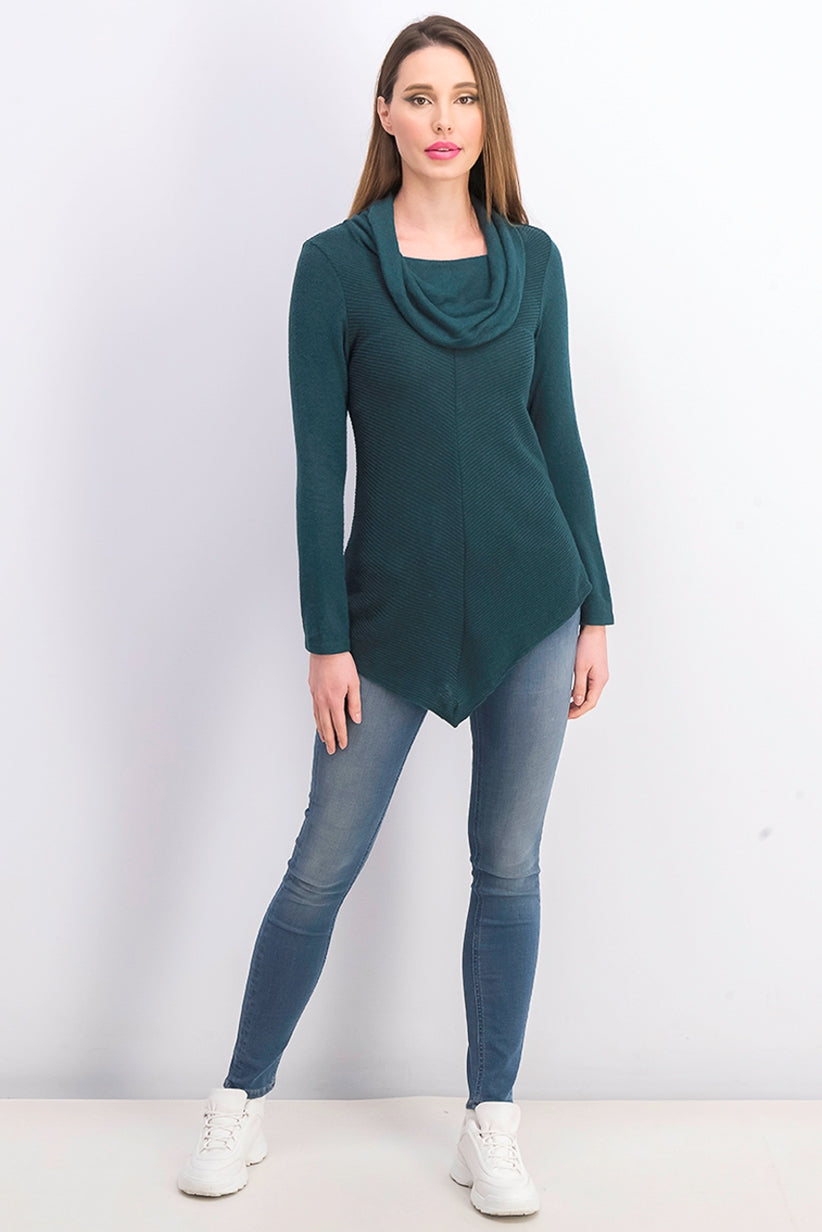 BCX Women's Textured Cowlneck V-Hem Sweater Green Size Medium