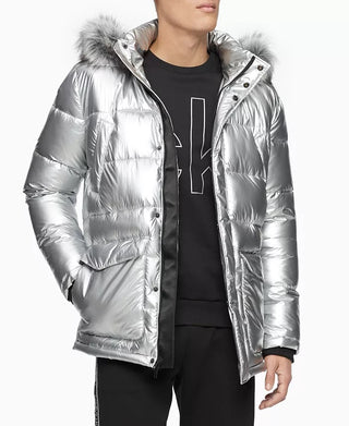 Calvin Klein Men's Metallic Puffer Parka With Faux Fur Trim Silver Size Medium