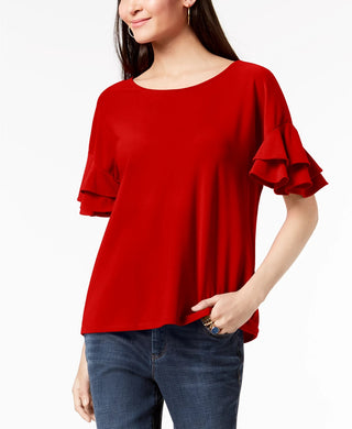 INC International Concepts Women's Petite Ruffled-Sleeve Top Dark Red Size Medium