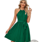 Halter Neck Pleated Chiffon Mini Dress with Belt