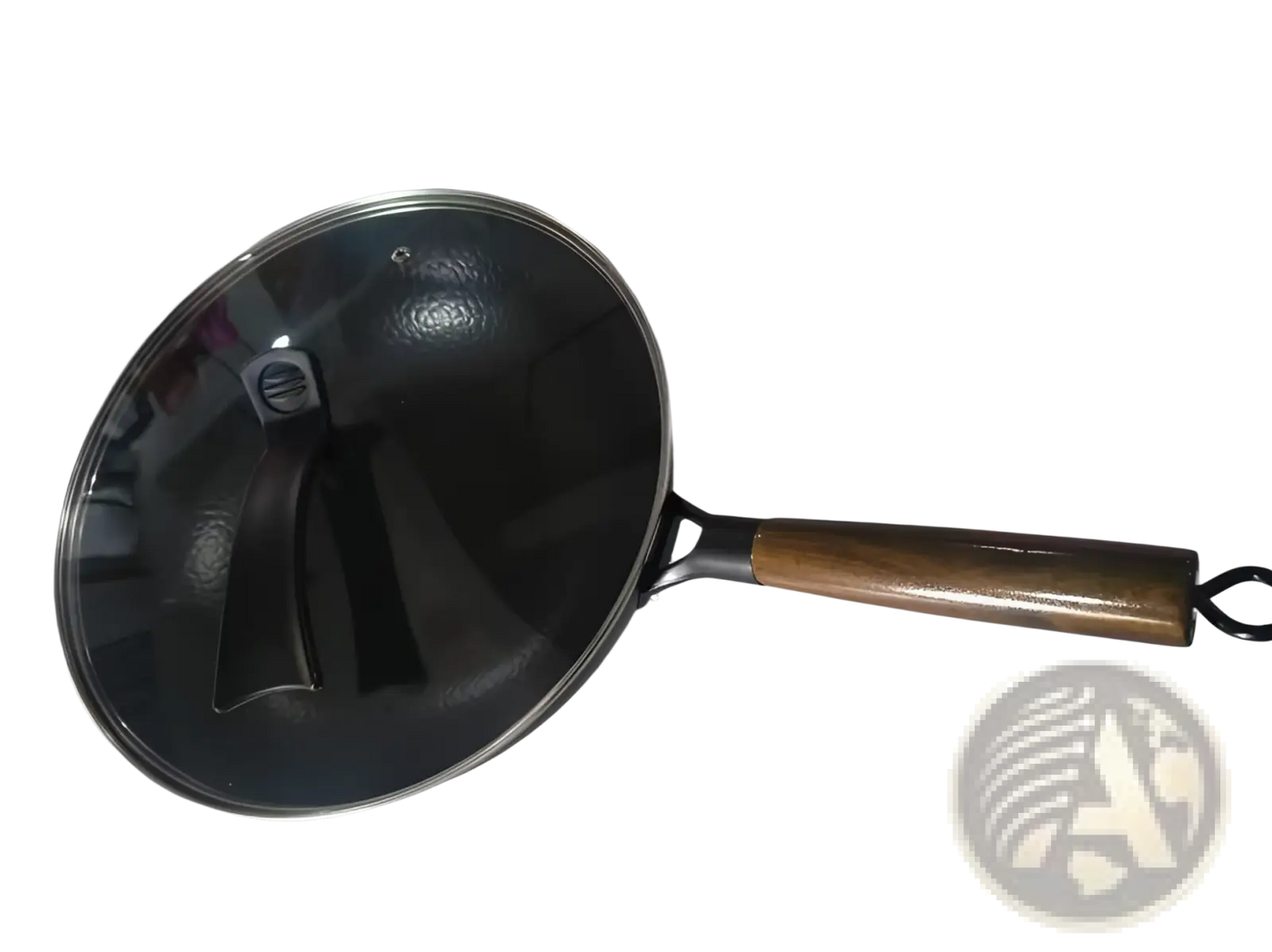 Handmade Iron Wok with Wooden Handle and Glass Lid