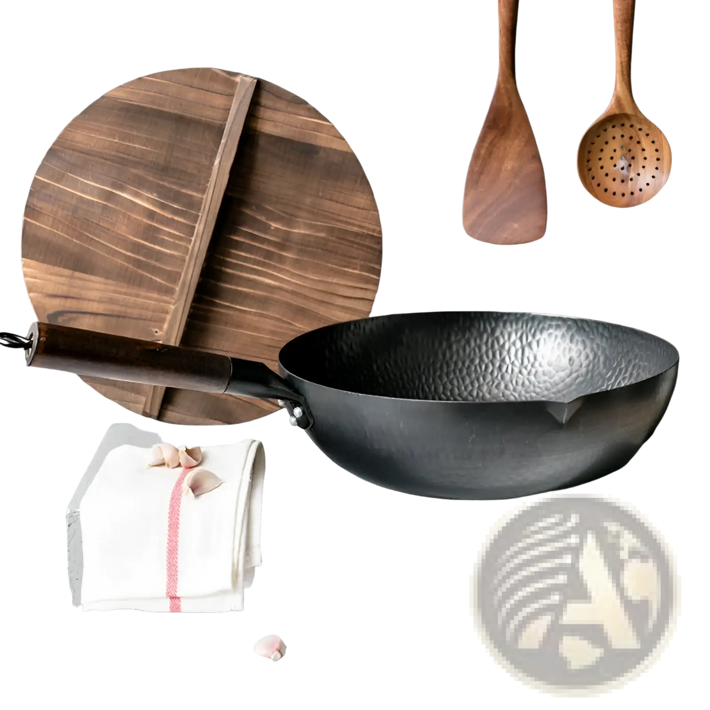 Handmade Iron Wok with Wooden Handle and Glass Lid