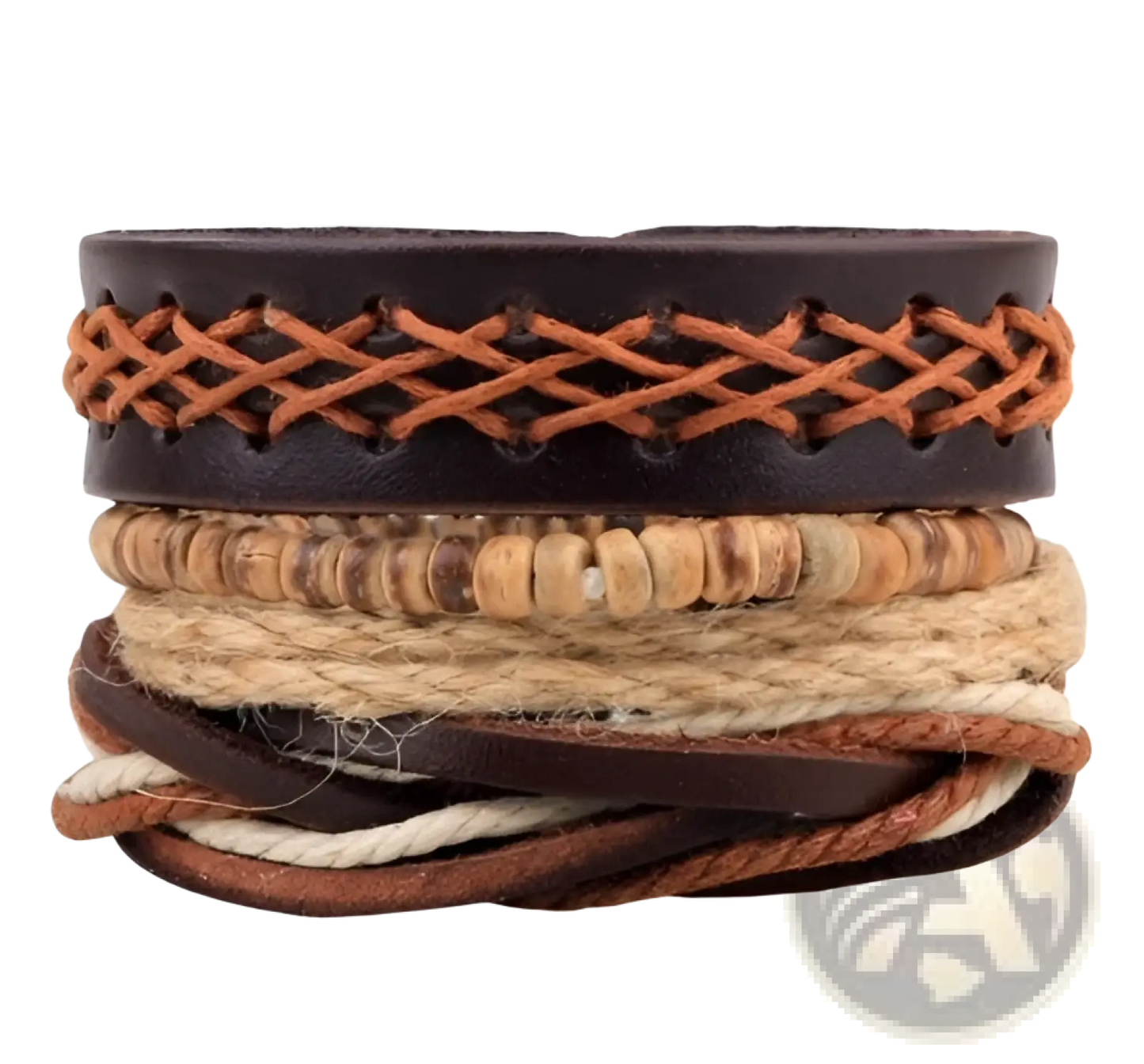 Handmade Multilayer Braided Leather and Wood Bead Bracelet