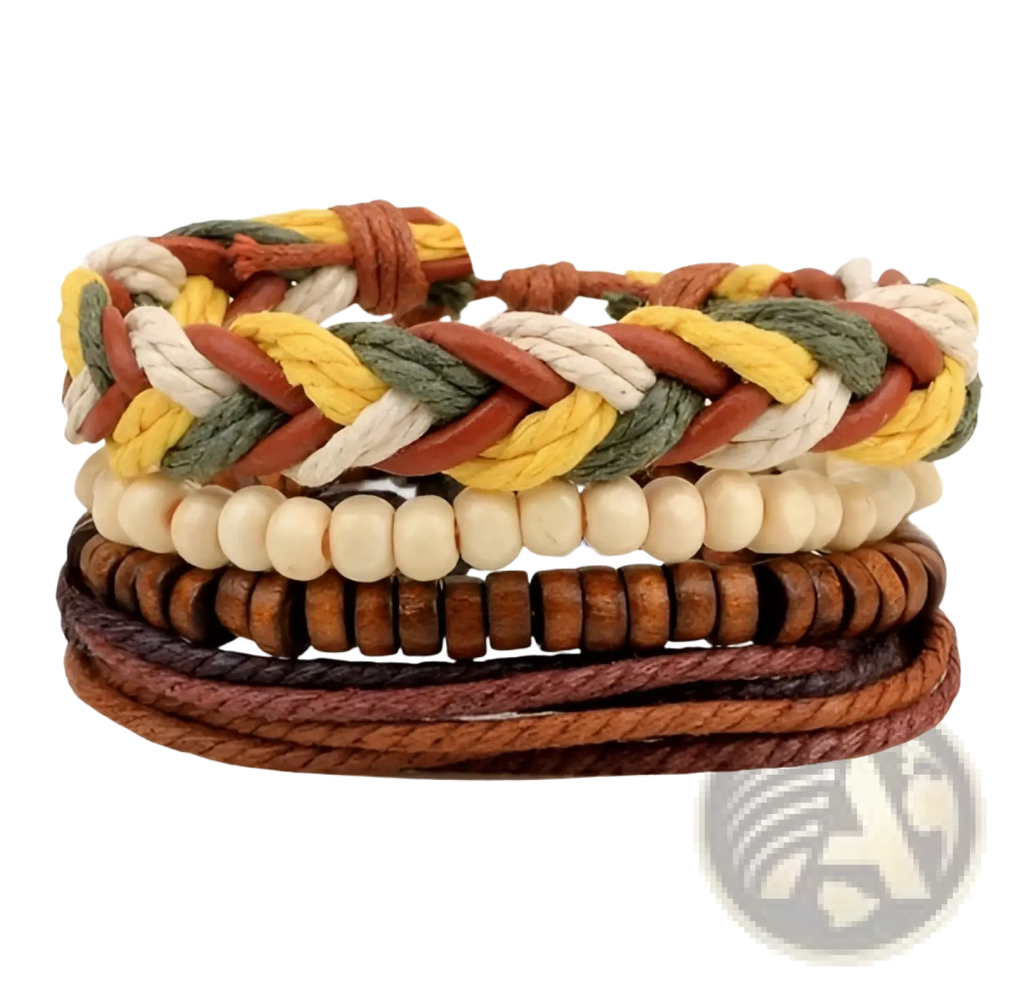 Handmade Multilayer Braided Leather and Wood Bead Bracelet