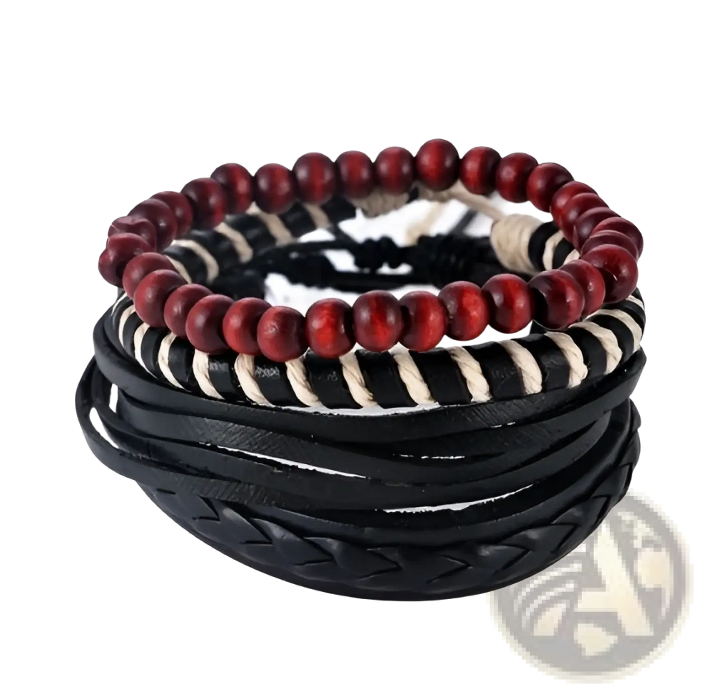 Handmade Multilayer Braided Leather and Wood Bead Bracelet