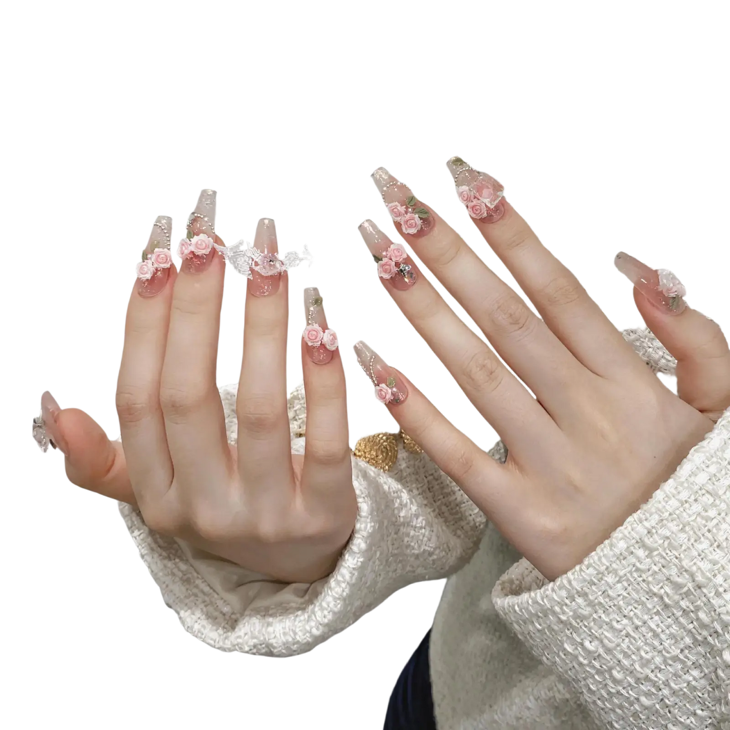 Handmade Pink Floral Almond Press on Nails with Glitter