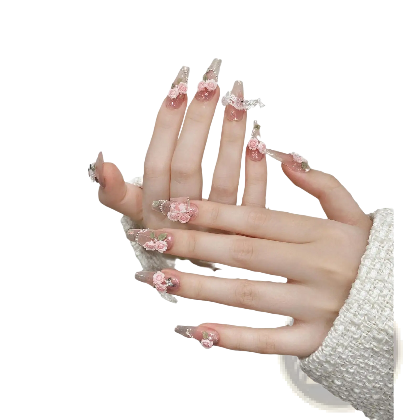 Handmade Pink Floral Almond Press on Nails with Glitter