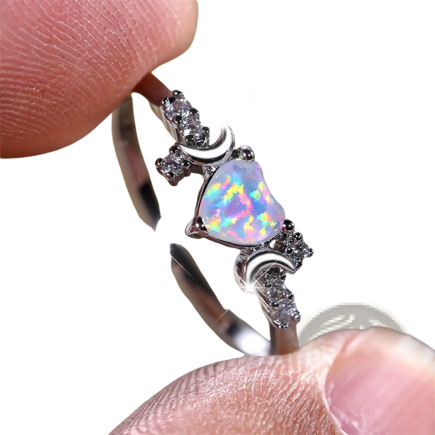 Heart Opal Crescent Moon Ring with Diamonds