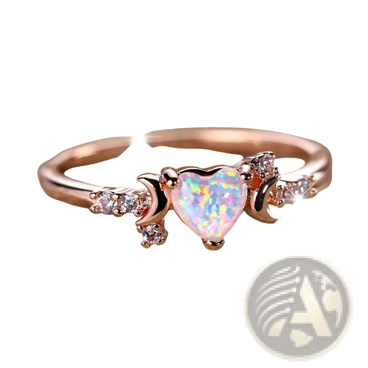 Heart Opal Crescent Moon Ring with Diamonds