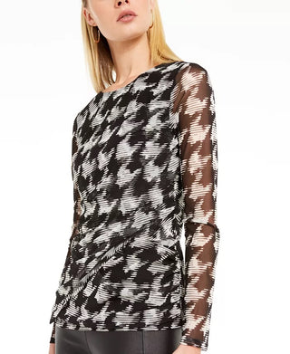 INC International Concepts Women's Petite Printed Sheer-Sleeve Top White Size Petite