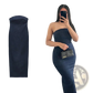 High Neck Navy Velvet Zip Front Maxi Dress