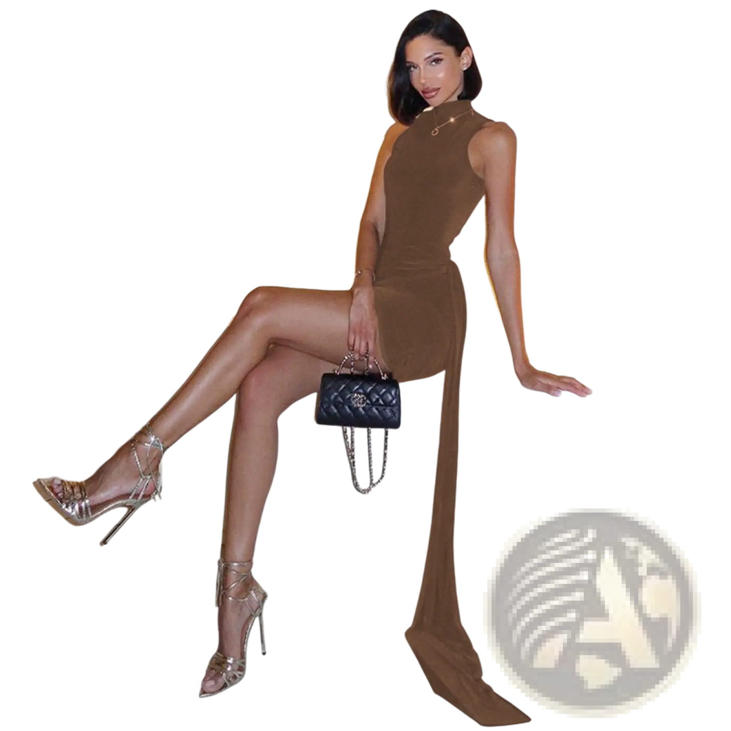 High Neck Slim Fit Brown Midi Dress with Side Slit