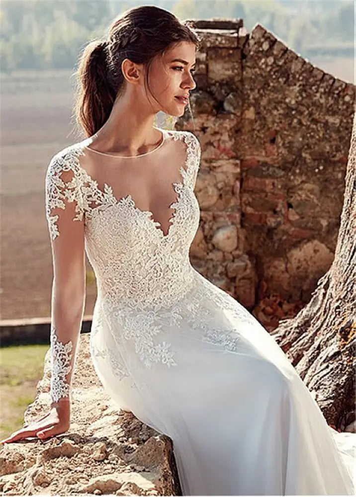 Lace Long Sleeve A-line Tulle Wedding Gown