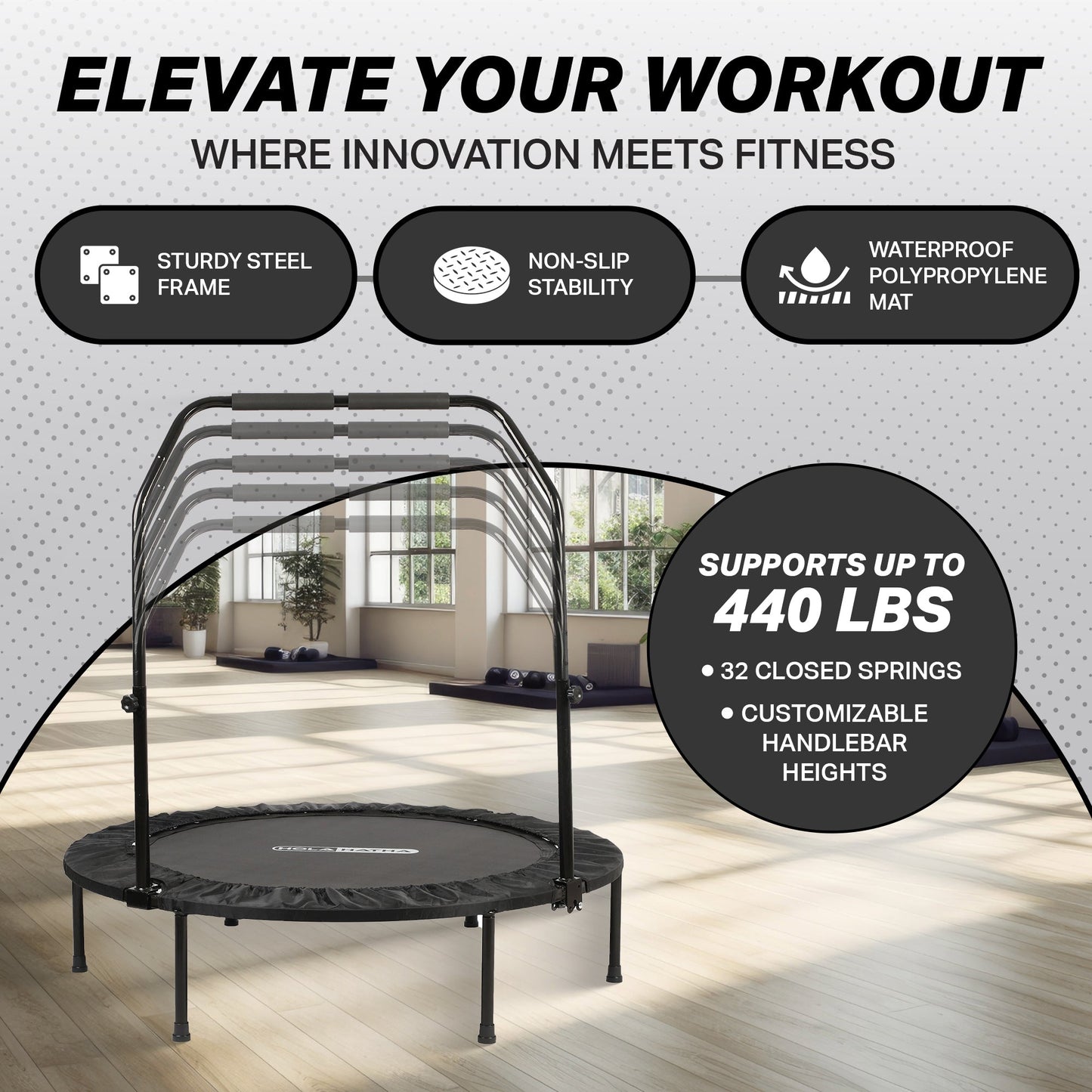 HolaHatha 48 Inch Foldable Mini Fitness Trampoline with Adjustable Handle, Black