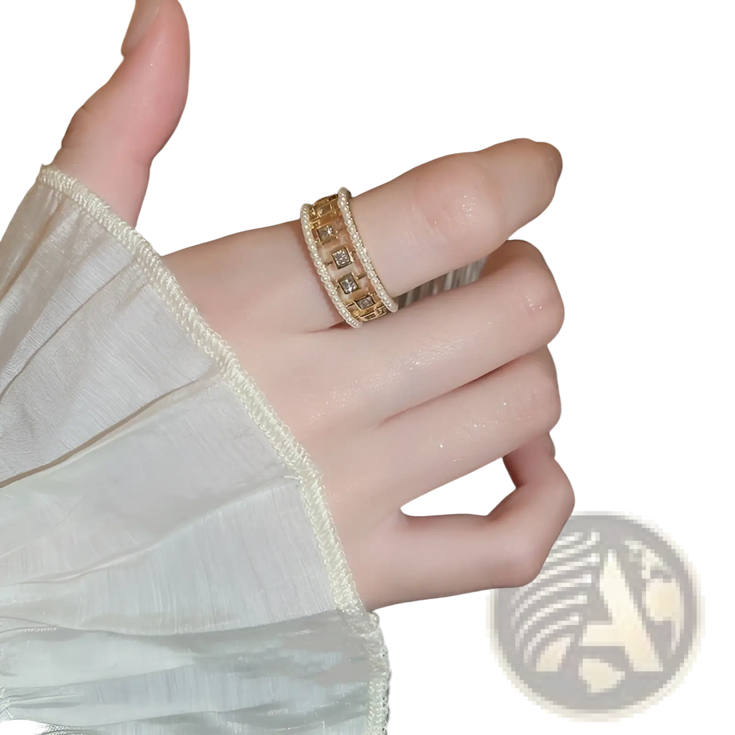 Hollowed Square Pearl and Baguette Zircon Open Ring