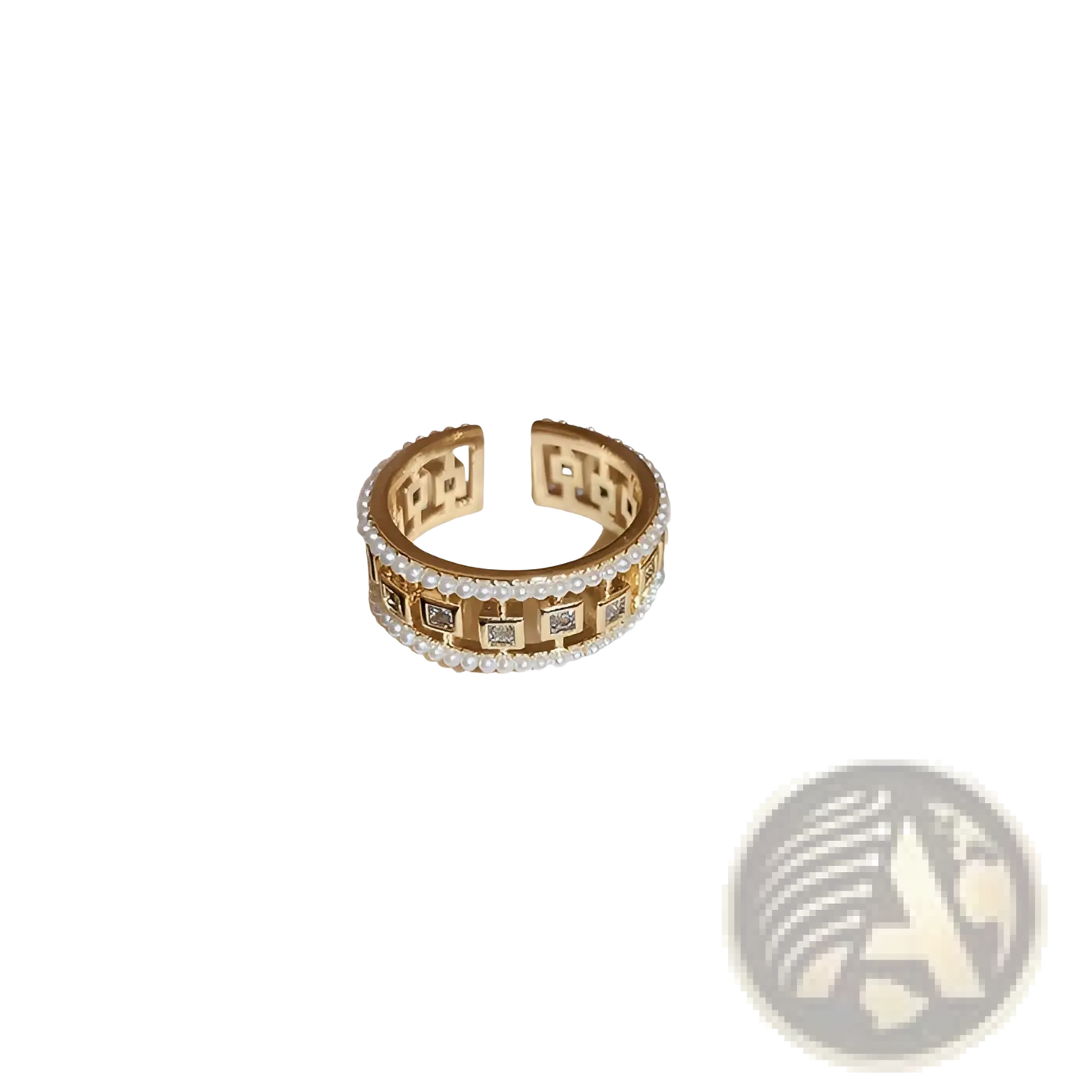 Hollowed Square Pearl and Baguette Zircon Open Ring