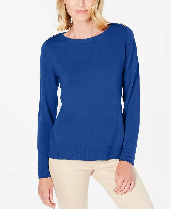Karen Scott Women's Petite Button-Shoulder Sweater Navy Size Medium