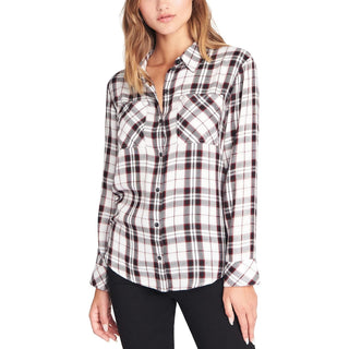 Sanctuary Women's  Plaid Long Sleeve Collared Button Up Top White Size Small