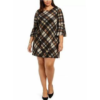 Jessica Howard Women's Plus Size Plaid Bell-Sleeve Shift Dress Rustcopper Size 1X